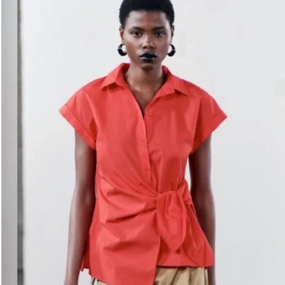 ZW COLLECTION KNOTTED POPLIN SHIRT RED. Size L, M - Picture 3 of 10